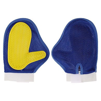 Gant de toilettage bleu et jaune pour chien et chat